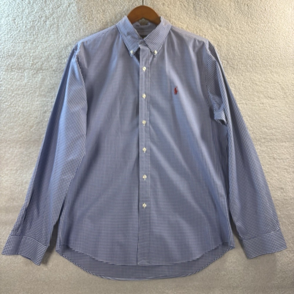 Men's Polo Ralph Lauren Gingham Plaid Blue White Button Down Shirt Red Pony Sz L